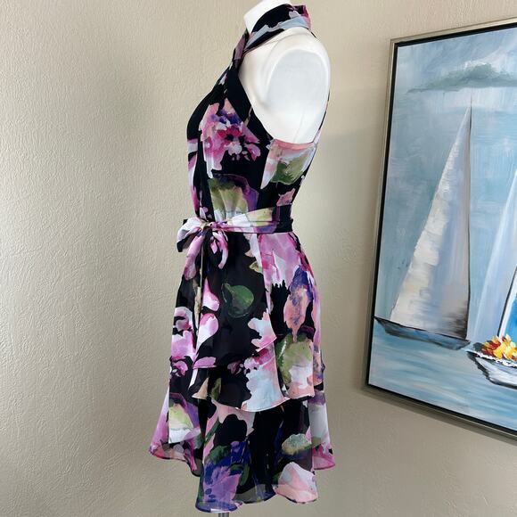 Alex Marie Dress Halter A line Mini sleeveless Pink Black Floral Tiered Size 8 - Picture 4 of 7